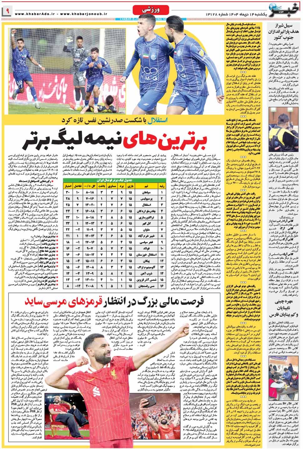 مشاهده صفحه ۹ روزنامه خبرجنوب تاریخ ۱۴ دی سال ۱۴۰۴